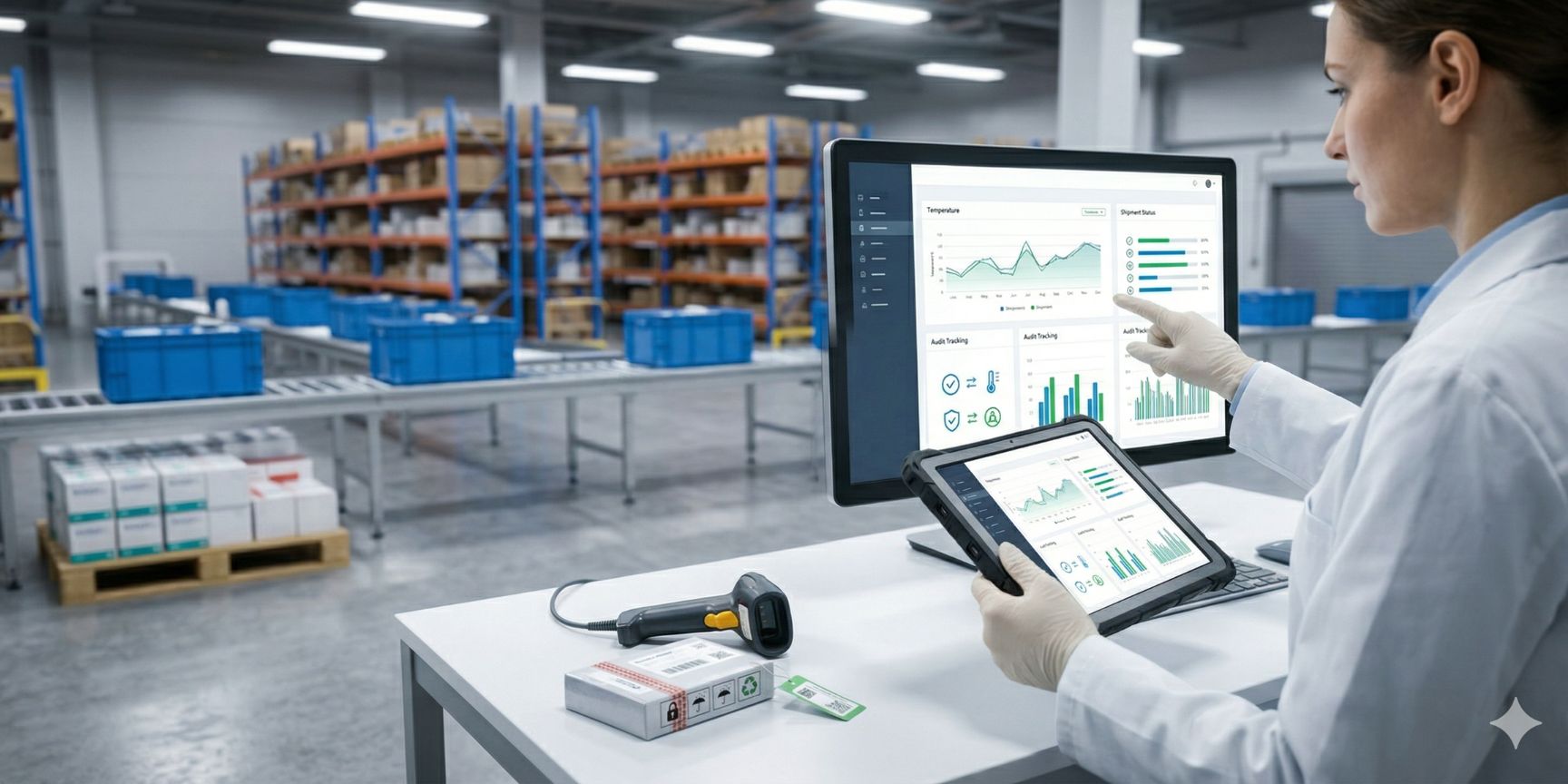 Detail of a QA station in a GDP logistics center. A specialist checks data on a dashboard. In the background, validated containers on conveyor belts. SEO, barrier-free.